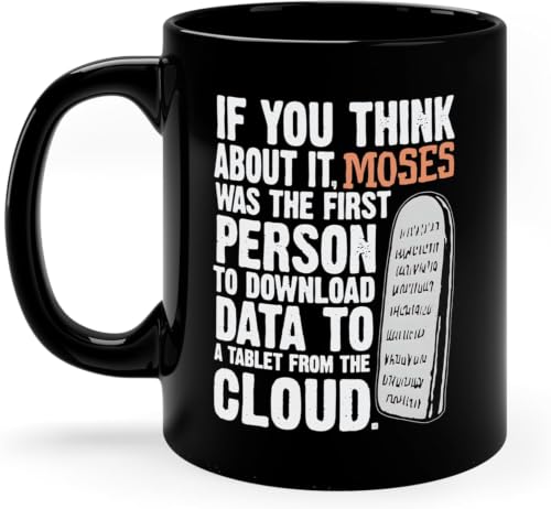 EHNSDV 11oz Black Moses Funny Bible Tech‑Joke Ceramic Coffee Mug, First to Download Data From Cloud to Tablet Quote, Religious Humor Home Office Cup