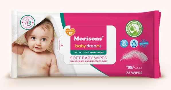 Morisons* babydreams THE CHOICE OF SMART MUMS Soft Baby Wipes With Lid - 72S Pack Of 2| Dermatologically Tested For Baby's Gentle Skin | Goodness Of Aloe Extract & Vitamin E | Ph 5.5