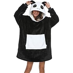Manta de sofá Panda Tamaño más grande Unisex Cálido Plaid con Mangas Bolsillo Divertido Felpone, Negro , M