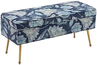 Wahson Upholstered Ottoman Storage Bench Bed End Stool Window Seat with Gold Metal Legs,Bench Seat for Bedroom/Entryway, Blue Vintage Print