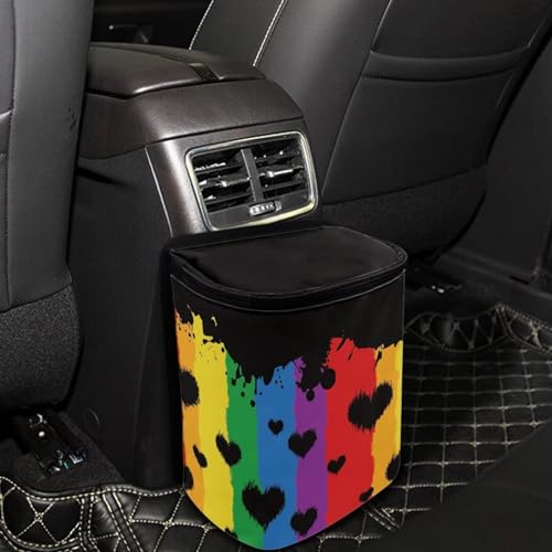 Image of Rainbow Stripes Love Hearts Auto Car Trash Can Rainbow Flag LGBTQ Car Garbage Bag with Lid Washable Leak Proof Car Trash Bin Hanging for Women Men