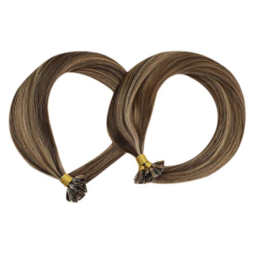 Sunny Keratin Fusion Hair Extensions Color #4 Dark Brown Highlighted #27 Caramel Blonde U Tip Human Hair Extensions 14inch 50g/pack