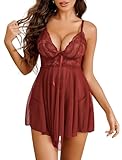 Avidlove Lace Babydoll Lingerie Sexy Mini Chemise Mesh Wedding Nightie Bridal Wedding Nightdress Dark Red M