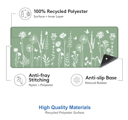 Image of IMAYONDIA Cute Sage Green Desk Mats Mousepad, Plant Floral Anime Deskmat, Aesthetic Desk Pad, Minimalist Mint White Leaves Large Gaming Mouse Pad, Decor Accessories, 31.5 X 11.8