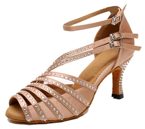 ZengyeZoo Latin Dancing Shoes for Women Ankle Strap Ballroom Dance Classes Heels Wedding Evening Sandals with Rhinestones X010A Nude US 3