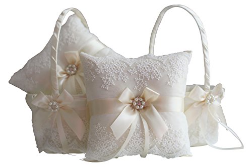Alex Emotions Ivory Flower Girl Basket And Ring Bearer Pillow Set - Ivory Wedding Basket Pillow Set, Lace Ring Pillow, Lace Ring Holder, Lace Ring Pillow #TOP1