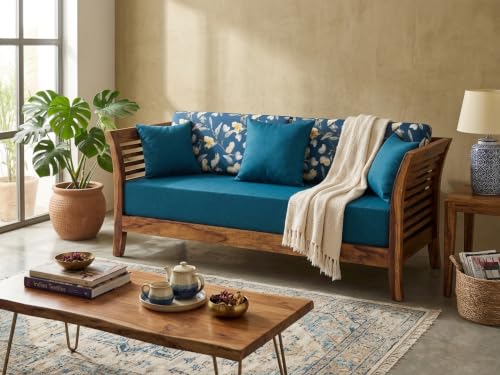 Image of Solid Sheesham Wood 3 Seater Sofa Set for Living Room | Wooden Couch with Cushions | Handcrafted Sheesham Wood Sofa | Home & Office Furniture | 3 Seater Sofa Set |
