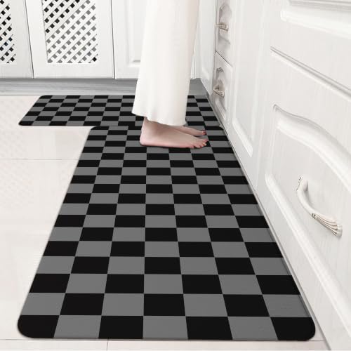 VivaNest Black Grey Checkered Grid Checkerboard Kitchen Rug Sets [2 PCs], Anti-Fatigue, Waterproof Non-Slip Kitchen Mats Heavy Duty Comfort Foam Rug for Kitchen, Floor, Laundry,17"x29"+17"x47"