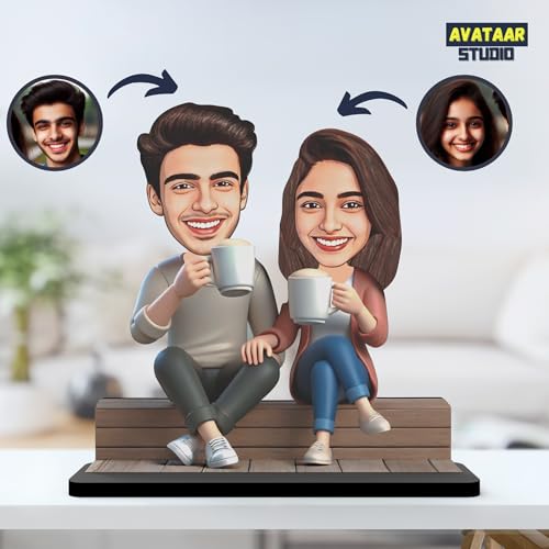 Image of Wood Rectangular Personalized Caricature Gift for Couple, 7 Inches, Tabletop Multicolor, Art Deco Style