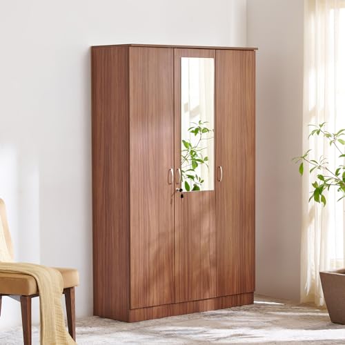Image of Home Centre | Helios Alton 3-Door Wardrobe with Mirror | Full Length Mirror for Home | Engineered Wood | Walnut | 1 Year Warranty