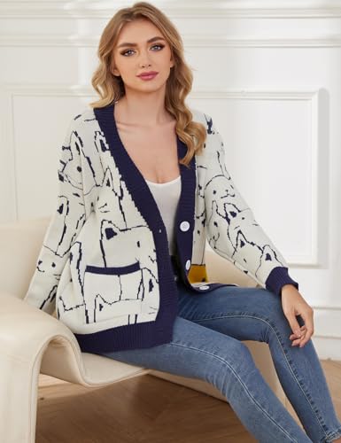 Image of Gihuo Women Cat Sweater Oversized Cute Kawaii Cardigan Knit Graphic V Neck Loose Fit Long Sleeve Cardigan Coat