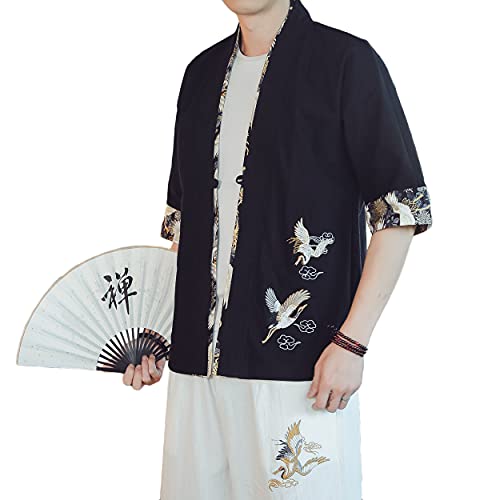 Image of PRIJOUHE Men's Kimono Jackets Cardigan Lightweight Casual Cotton Blends Linen Seven Sleeves Open Front Coat Outwear