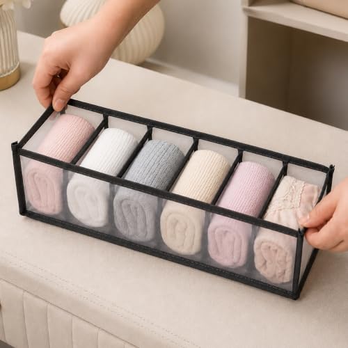 Image of Lifelong Storage Organizer 6 Layers | Foldable Wardrobe & Almirah Organiser | Durable Nylon Mesh & Non-Woven Edges | Basket Organisers for Storing Clothes (LLCOG06, Grey)