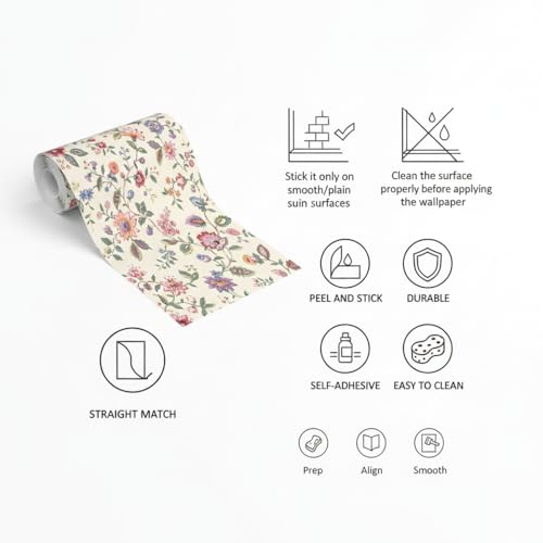 Image of Floral Wallpaper Peel and Stick - Flower Design Self Adhesive Wall Paper for Living Room, Bedroom, Kitchen, Removable Waterproof Wall Decor (MG37, 16X96 Inch)