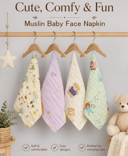 Image of Little Boo Cute Printed Muslin Square Cloth Organic Cotton Face Towel for New Born, Soft Absorbent Reusable Washable Washcloth Wipe Handkerchief for Infant Toddlers (Pack of 5, Multicolor Printed)