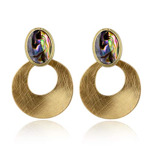 Women's Vintage Statement Earrings - Boho Abalone Shell Geometric Matte Gold Hammered Metal Disc Hoop Circle Simple Drop Dangle Earring Bohemian Fashion Costume Jewelry For Girl Party Prom #TOP16