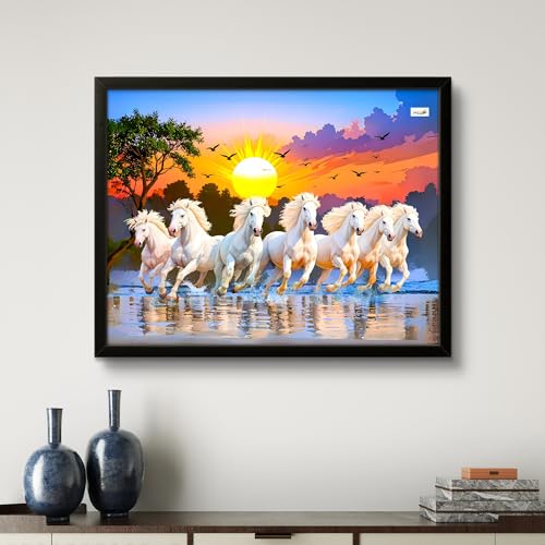 Image of 7 Horses Painting with Frame for Vastu - Rising Sun Wall Decor Painting | 7 Horses Wall Decor Photo Frame 12 x 18 inch | Modern Art Wall Painting for Living Room, Bedroom & Home Decoration