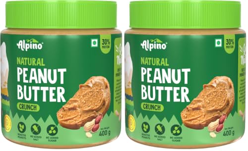 Image of ALPINO Natural Peanut Butter Crunch 400g - 100% Roasted Peanuts - 30g Protein, No Added Sugar & Salt, Gluten Free - Plant Based, Unsweetened Peanut Butter Crunchy - as Seen on Shark Tank India