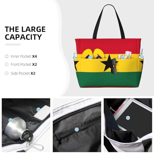 Flag Of Ghana Beach Tote Bags For Women Travel Totes Bag Handbag With Zipper And Pockets For Travel Vacation3