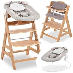 Tronas Hauck hauck Alpha Plus Newborn Set Trona Evolutiva Bebe con Hamaca, Cojín y Arnés, Hamaca Alta Reclinable, Trona Madera - Natural/Powder Bunny