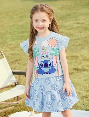 Image of Disney Frozen Elsa Minnie Mouse Stitch Princess Girls' Skirt Sets Ruffle Short Sleeve Clothes 2pcs Outfits Summer Dress 2-9Y
