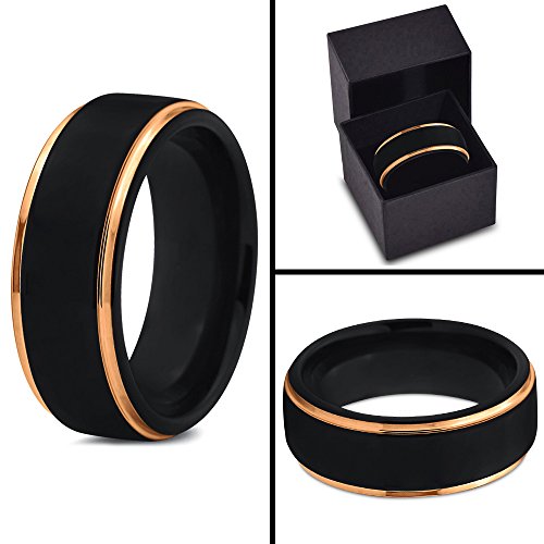 Midnight Rose Collection Tungsten Wedding Band Ring 8Mm For Men Women 18K Yellow Gold Plated Step Edge Black Brushed Polished Size 7.5 #TOP7