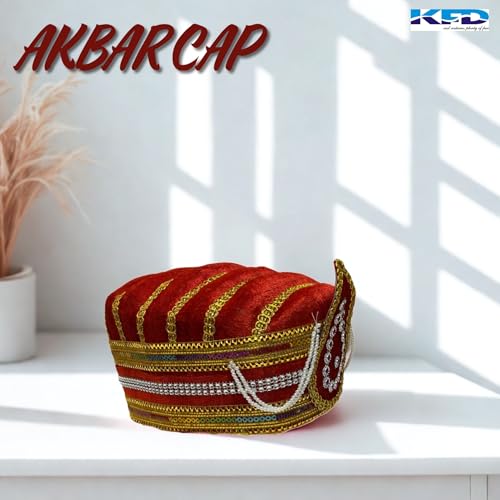 Image of Kaku Fancy Dresses Akbar Mughal King Pagdi Turban Safa Traditional Royal Headgear for Kids | Fancy Dress Costume Accessory for Historical Plays & Cultural Events - Red