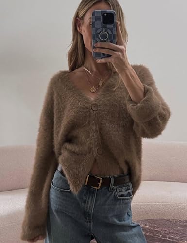 Fuzzy Cardigan Sweaters for Women V Neck Button Down Fluffy Knit Sweater Long Sleeve Cardigan Sweater Coat 20252