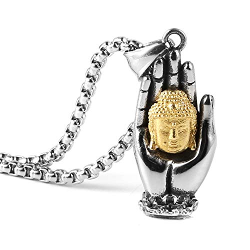 HZMAN Meditation Buddha Necklace Stainless Steel Head & Praying Hand