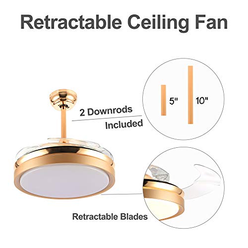Image of 36'' Retractable Ceiling Fan with LED Light and Remote Control, Retractable Blades, 3 Color Dimmable Modern Ceiling Fan for Bedroom /Living Room /Dining Room Gold