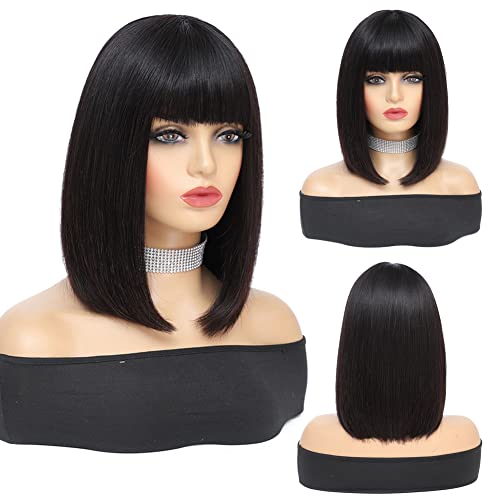 Sqplxk Straight Short Bob Wig Human Hair With Bangs 2X1 Lace Glueless Cut Bob Wigs Realistic Look Scalp Bob Bangs Wigs For Women Natural Color Brazilian Human Virgin Hair Wigs (10Inch) #TOP1
