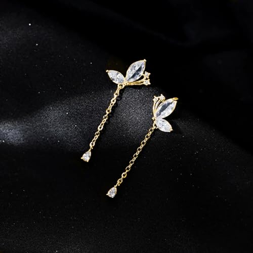 Pendientes de mariposa plata de ley 925 largos con circonitas y borla para mujer y niña 5