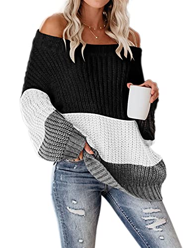 Image of VIMPUNEC Womens Off Shoulder Color Block Sweater Oversized Pullover Top