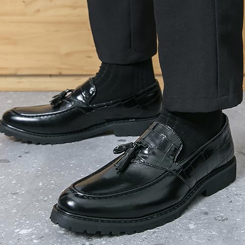 Men's Leather Platform Slip On Tassel Loafers Luxury Splicing Round Toe Lug Sole Non-Slip Dress Party Leather Shoes for Business Work Wedding Casual4