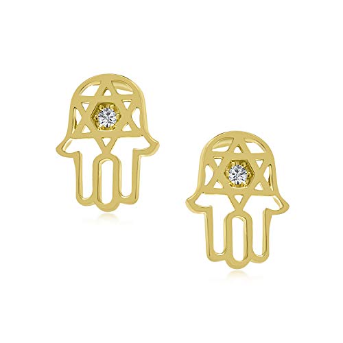 Tiny Petite Judaic Jewelry CZ Accent Real 14K Yellow Gold Hamsa Hebrew Chai Life Star Of David Judaic Stud Earrings For Women Teen For Bat Mitzvah Secure Screw Back2