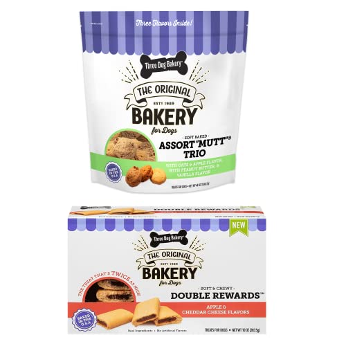 Three Dog Bakery Assort Mutt Trio Soft Baked Cookies for Dogs, Three Flavor Pack, 3 Pounds, and Double Rewards Soft and Chewy Treats, 10 Ounce Pack (114063) Three Dog Bakery Assort Mutt Trio Soft Baked Cookies for Dogs, Three Flavor Pack, 3 Pounds, and Double Rewards Soft and Chewy Treats, 10 Ounce Pack (114063)