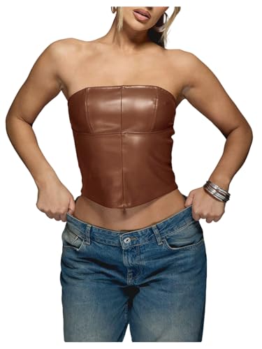 Verdusa Women's Leather Corset Tops Burgundy Backless Faux Strapless Crop Tube Top Coffee Brown X-Large