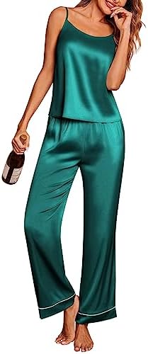Ekouaer Womens Silk Lingerie Set Crew Neck Sleeveless Satin Sleepwear Cami Pjs Set(Dark Green,XL)