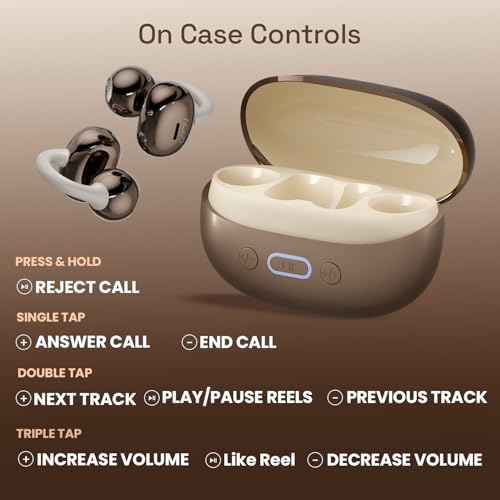 Image of ACwO DwOTS Flow 2 Open-Ear OWS Earbuds with Smart Case Control, Clip-On Design with Ear Hooks, AI-ENC Mic, Up to 60 Hours Playtime, Dual Connectivity, IPX5 Sweat Resistance, Wireless Earbuds (Brown)