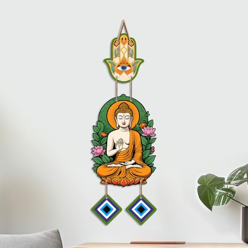 Image of Artvibes Buddha Wall Hanging with Hamsa Hand & Evil Eye Accents | Spiritual Wooden Decor for Meditation | Yoga and Prayer Spaces | Decorative Hanging Ornament for Home Entrance (WH 8596N)