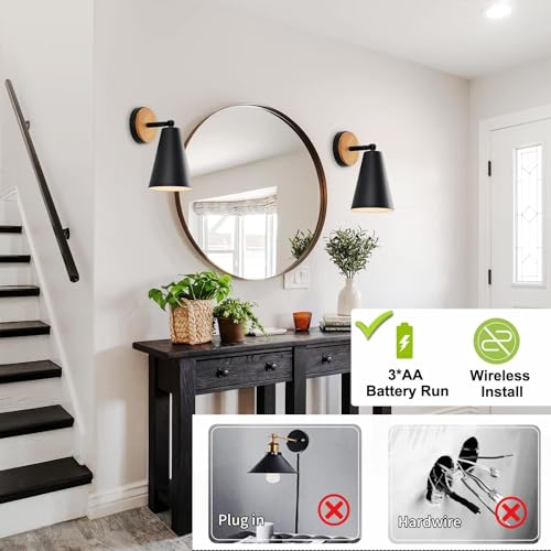 Image of 120 hrs Wood Battery Operated Wall Sconce, IR Remote Control Battery Operated Sconces, Matte Black Battery Operated Wall Sconce, Wall Lights Battery Operated for Bedrooms, Living Room