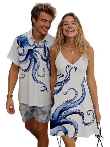 DRESSFO Couple Matching Hawaiian Outfits Gothic Octopus Print V Neck Spaghetti Strap Dress or Roll Up Sleeve Shirts Outfit