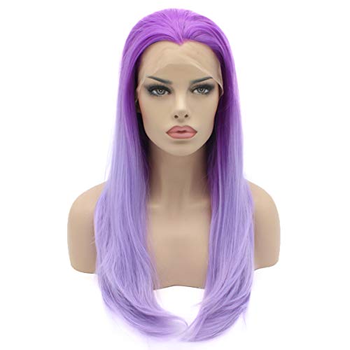 Lushy Straight Long Two Tone Purple Ombre Half Hand Tied Heat Resistant Heavy Density Synthetic Lace Front Wig
