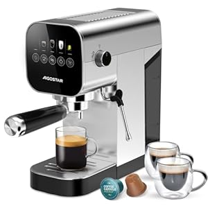 Aigostar Barista – Espresso Siebträgermaschine, Kompatibel mit Kapseln und Gemahlenem Kaffee, 20 Bar, Digitales Touchpanel, 1/2 Tassen, Espressomaschine mit Milchaufschäumer, 0,9L, 1350 W, Edelstahl