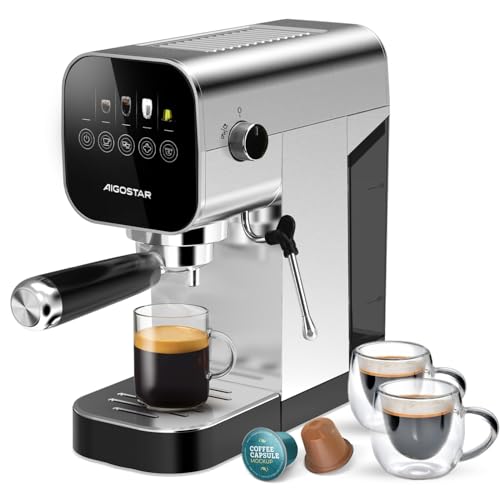 Aigostar Barista – Espresso Siebträgermaschine, Kompatibel mit Kapseln und Gemahlenem Kaffee, 20 Bar, Digitales Touchpanel, 1/2 Tassen, Espressomaschine mit Milchaufschäumer, 0,9L, 1350 W, Edelstahl