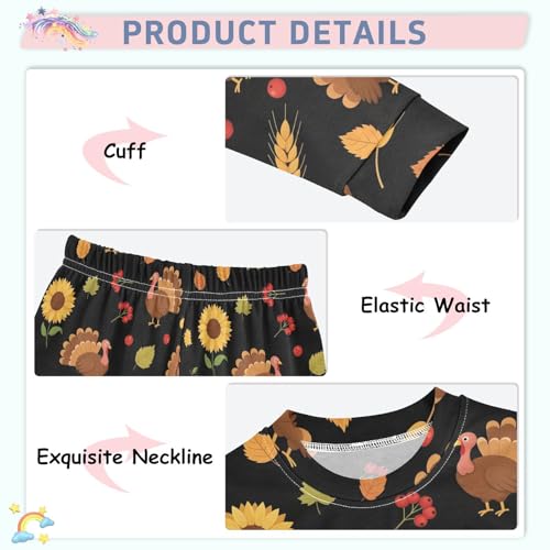 Pajama Sets Long Sleeve Autumn Sunflower Pattern with Turkeys Soft Comfy Sleepwear 2 Piece PJS 3-8T4