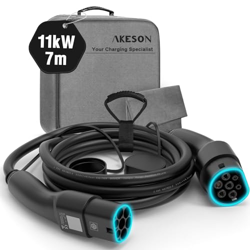 AKESON Type 2 Charging Cable for Electric Cars - 11kW, 7M, Three-Phase, 16A, IP55 Waterproof, IEC-62196-2 - Compatible with All Common Charging Stations and EVs