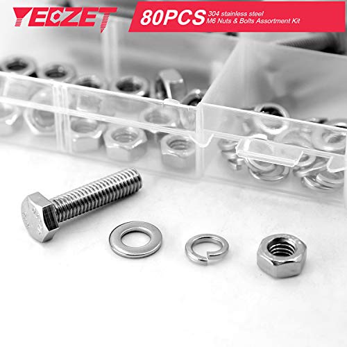 20Set M6 Stainless Steel Hex Head Screws Bolts And Nuts Flat & Lock Washers Assortment Kit, 304 Stainless Steel 18-8,Fully Machine Thread 25Mm 40Mm 50Mm 60Mm 80Mm #TOP5
