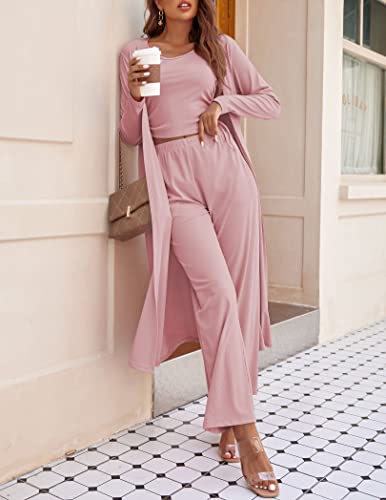 Image of Ekouaer Women's 3 Piece Lounge Set Pajama Long Sleeve Cardigan Sleeveless Top Pants Sweatsuit S-XXL