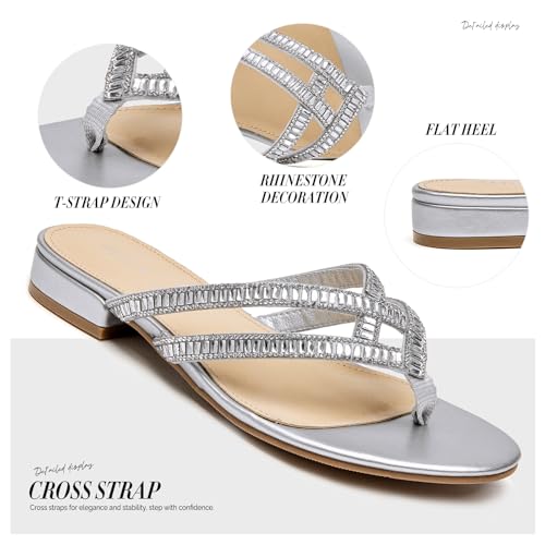 ALLOT Women's Rhinestone Flip Flops Fashion T-strap Flat Sandals Cross Straps Dressy Summer Slip On Open Toe Slides3
